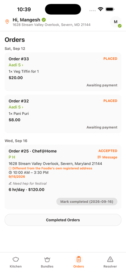 Chef's Orders screen with a Chef@Home booking and a Message link