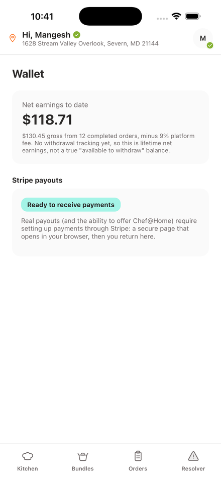 Chef's Wallet screen showing net earnings