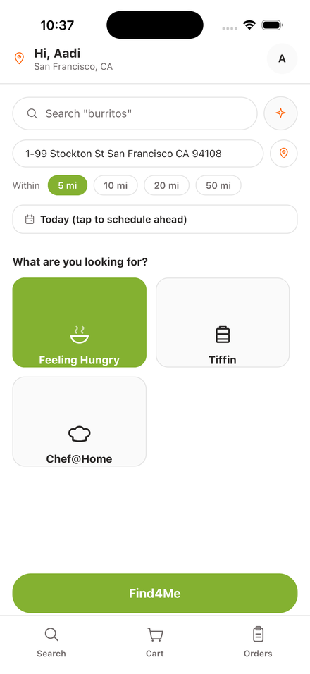 Foodie search screen with Feeling Hungry, Tiffin, and Chef@Home options