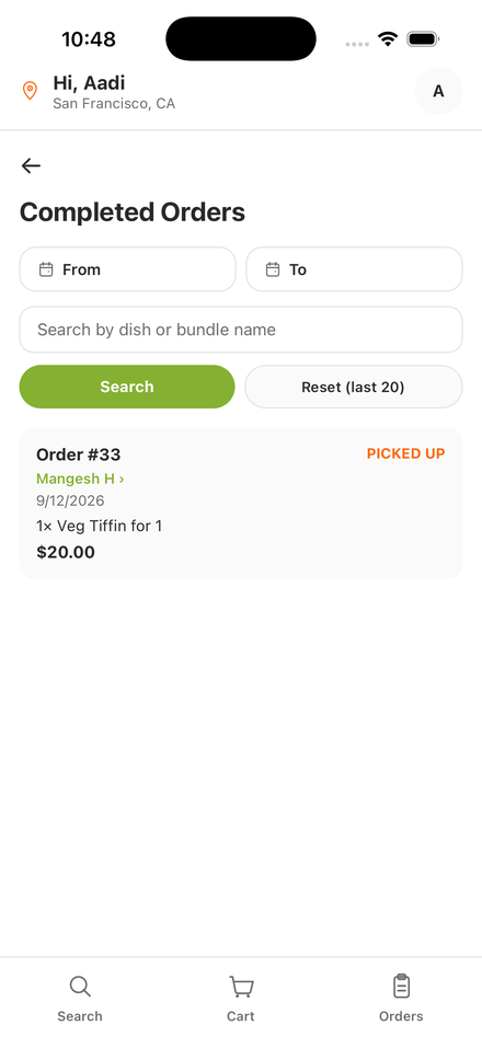 Foodie's completed order history showing refund status