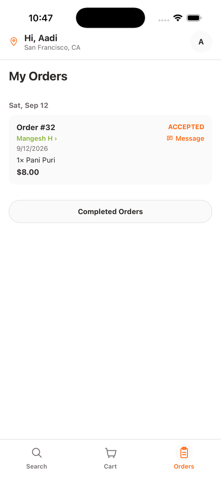 Foodie's My Orders screen with a chef name and Message link