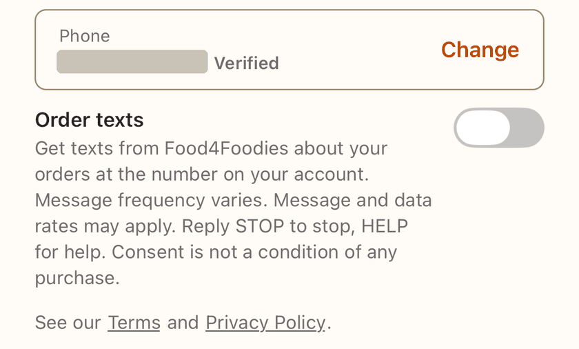 The Order texts switch, off, on the app's Profile screen